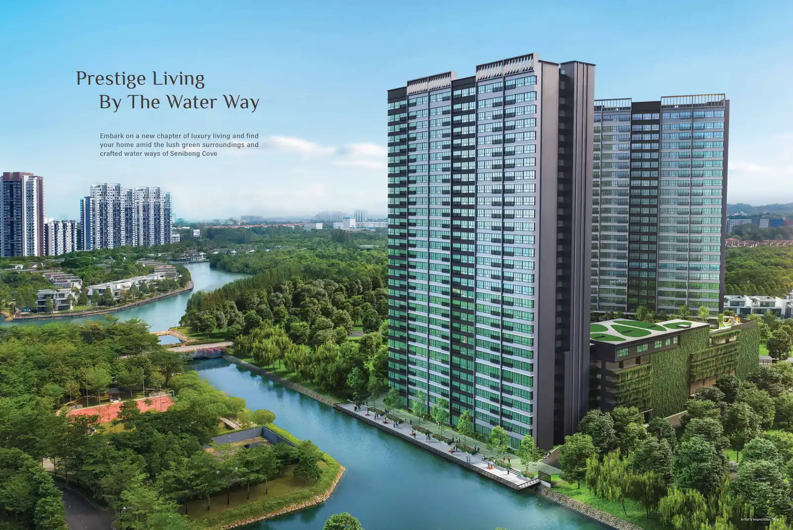 Waterway Peaks twin towers rising beside the Senibong Cove canal, Masai, Johor